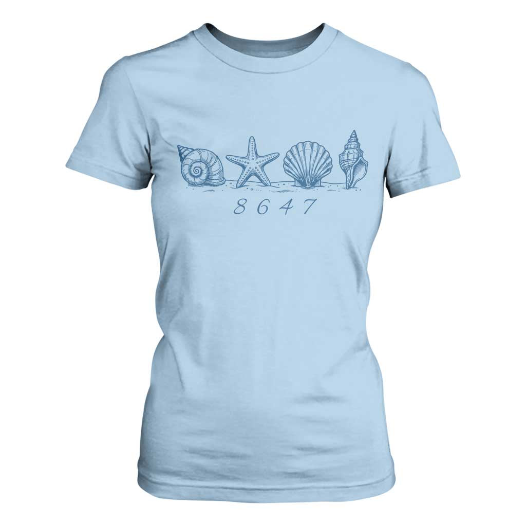 8647 Sea Shells Starfish Vintage Coastal Blue Line Graphic T Shirt For Women Coded Political Satire TS02 Light Blue Print Your Wear
