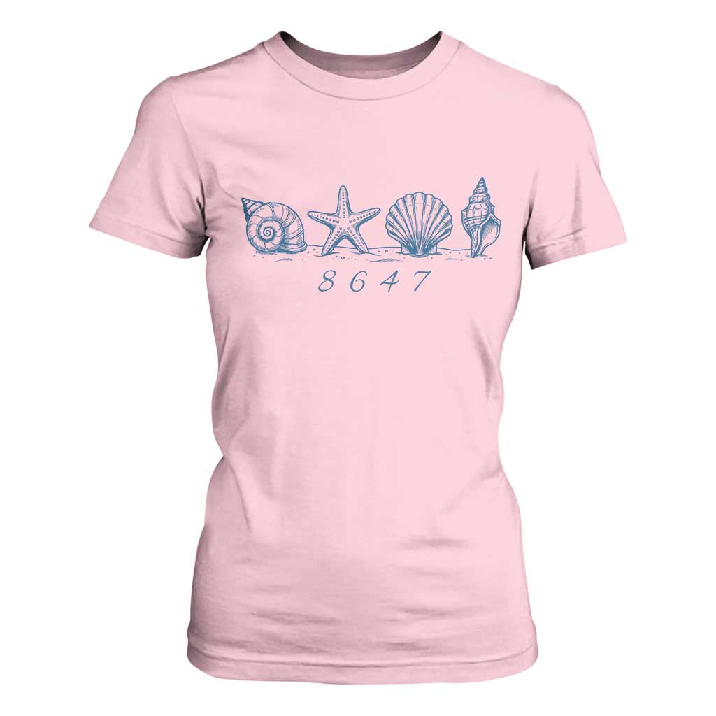 8647 Sea Shells Starfish Vintage Coastal Blue Line Graphic T Shirt For Women Coded Political Satire TS02 Light Pink Print Your Wear