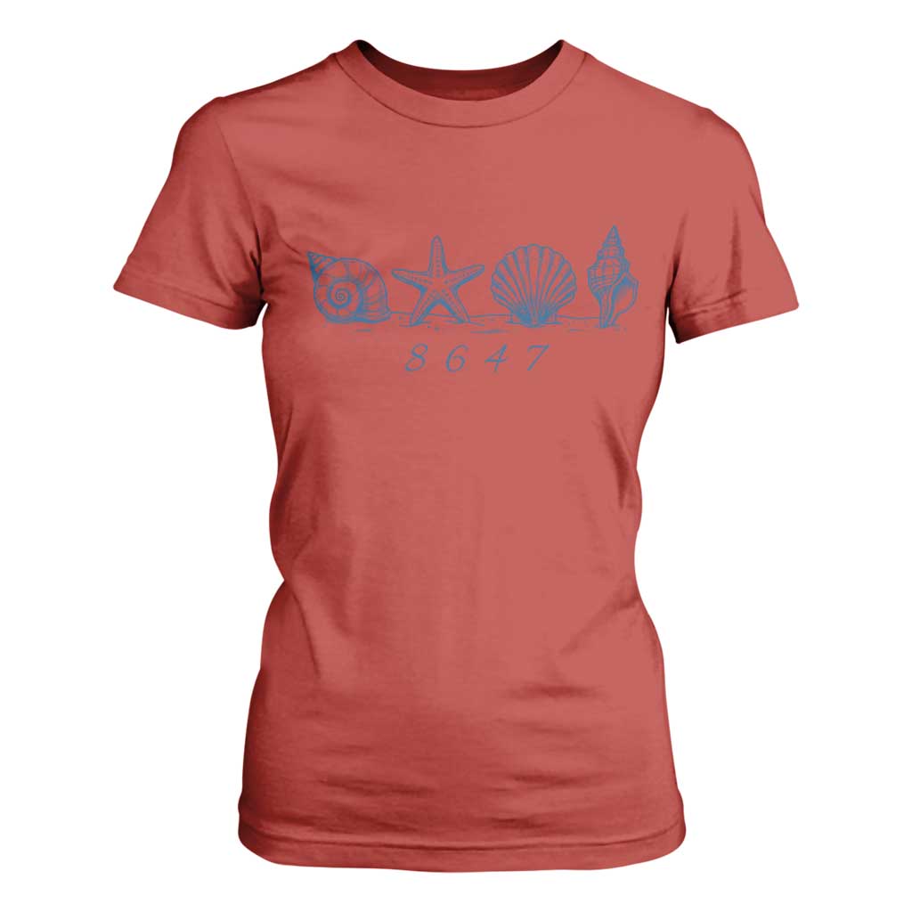 8647 Sea Shells Starfish Vintage Coastal Blue Line Graphic T Shirt For Women Coded Political Satire TS02 Red Print Your Wear