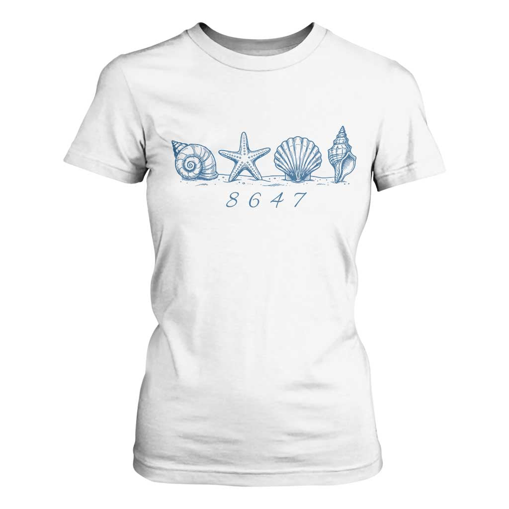 8647 Sea Shells Starfish Vintage Coastal Blue Line Graphic T Shirt For Women Coded Political Satire TS02 White Print Your Wear
