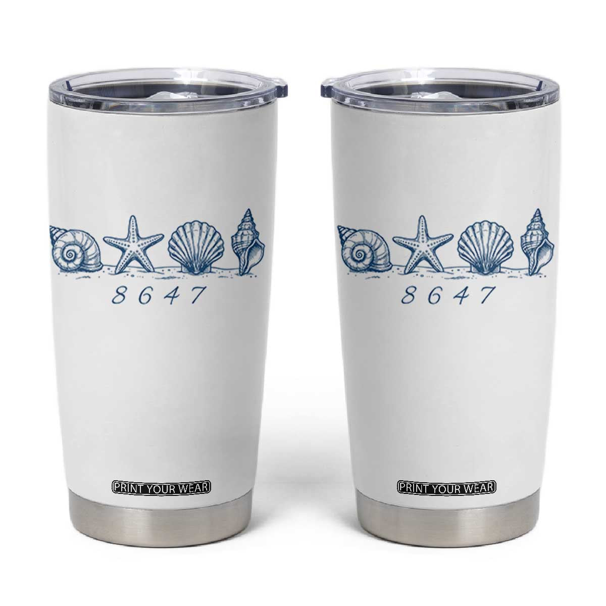8647 Sea Shells Starfish Vintage Coastal Blue Line Graphic Tumbler Cup Coded Political Satire TS02 White Print Your Wear