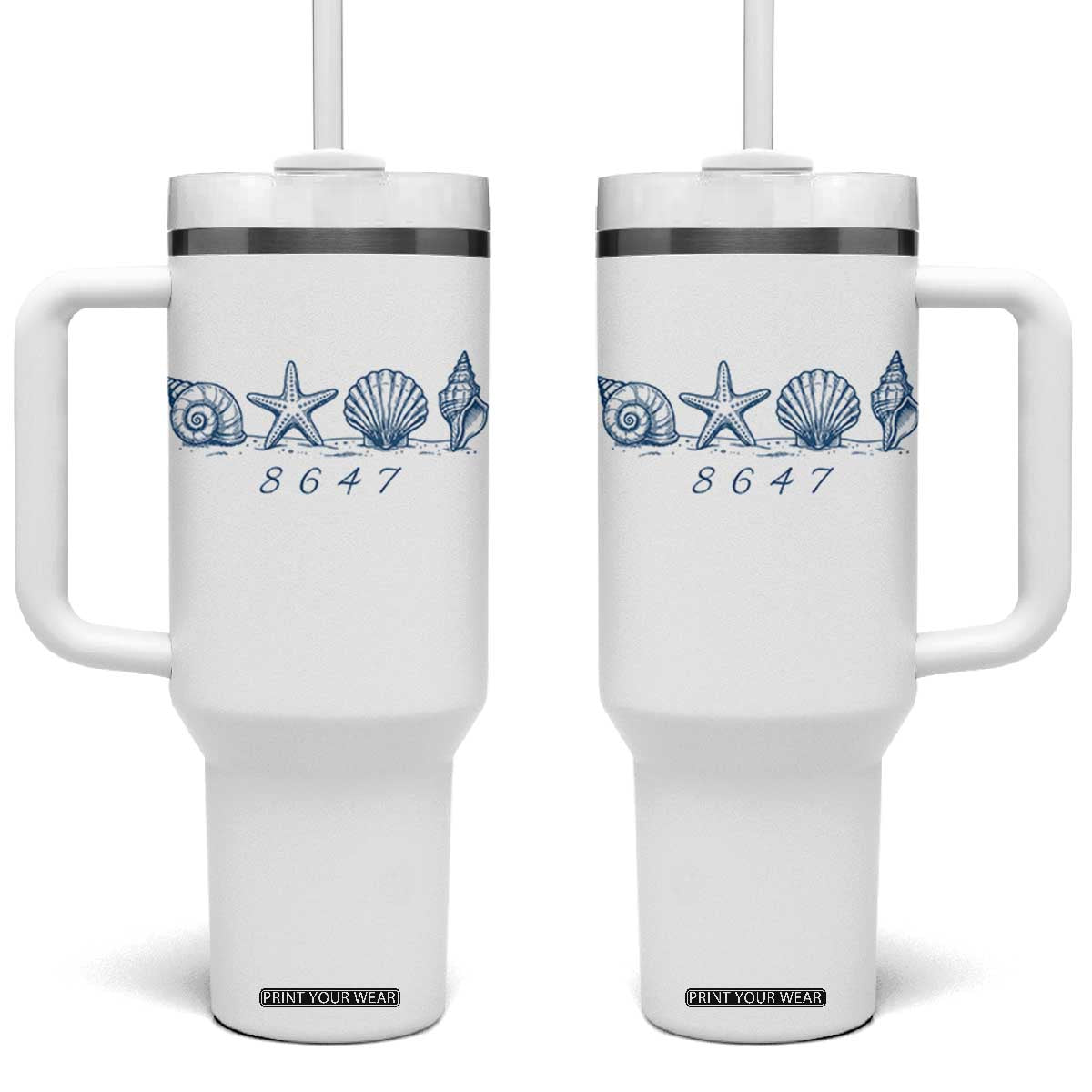 8647 Sea Shells Starfish Vintage Coastal Blue Line Graphic Tumbler With Handle Coded Political Satire TS02 One Size: 40 oz White Print Your Wear