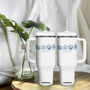 8647 Sea Shells Starfish Vintage Coastal Blue Line Graphic Tumbler With Handle Coded Political Satire TS02 Print Your Wear