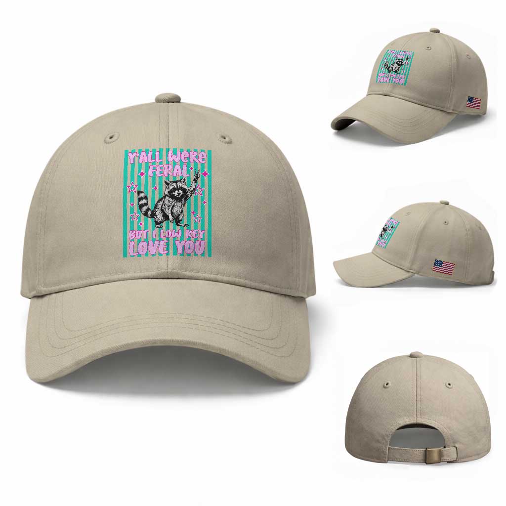 Y'all Were Feral But I Low Key Love You Pink Stripes Raccoon Baseball Cap Funny Teacher End of School Year TS02 Baseball Cap Universal Fit Beige Print Your Wear