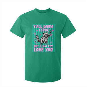 Y'all Were Feral But I Low Key Love You Pink Stripes Raccoon T Shirt For Kid Funny Teacher End of School Year TS02 Irish Green Print Your Wear