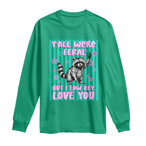Y'all Were Feral But I Low Key Love You Pink Stripes Raccoon Long Sleeve Shirt Funny Teacher End of School Year TS02 Irish Green Print Your Wear
