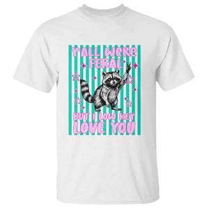 Y'all Were Feral But I Low Key Love You Pink Stripes Raccoon T Shirt Funny Teacher End of School Year TS02 White Print Your Wear
