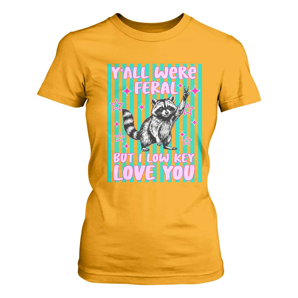 Y'all Were Feral But I Low Key Love You Pink Stripes Raccoon T Shirt For Women Funny Teacher End of School Year