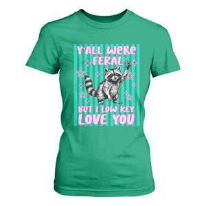 Y'all Were Feral But I Low Key Love You Pink Stripes Raccoon T Shirt For Women Funny Teacher End of School Year