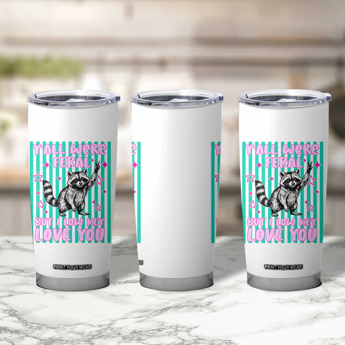 Y'all Were Feral But I Low Key Love You Pink Stripes Raccoon Tumbler Cup Funny Teacher End of School Year TS02 Print Your Wear