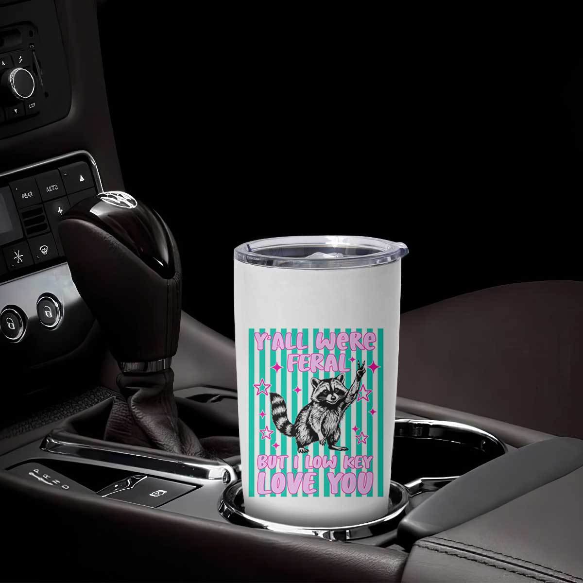 Y'all Were Feral But I Low Key Love You Pink Stripes Raccoon Tumbler Cup Funny Teacher End of School Year TS02 Print Your Wear