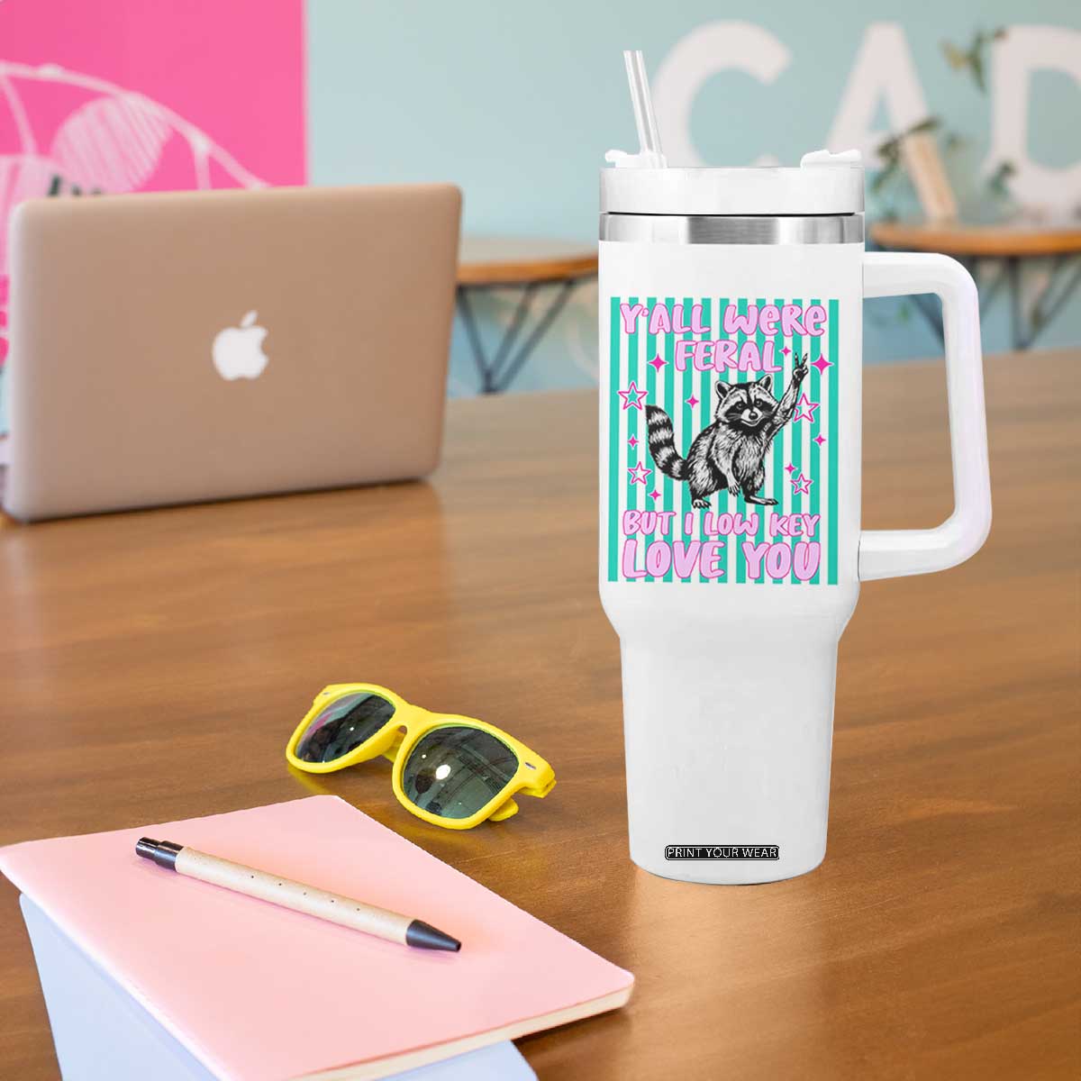 Y'all Were Feral But I Low Key Love You Pink Stripes Raccoon Tumbler With Handle Funny Teacher End of School Year TS02 Print Your Wear