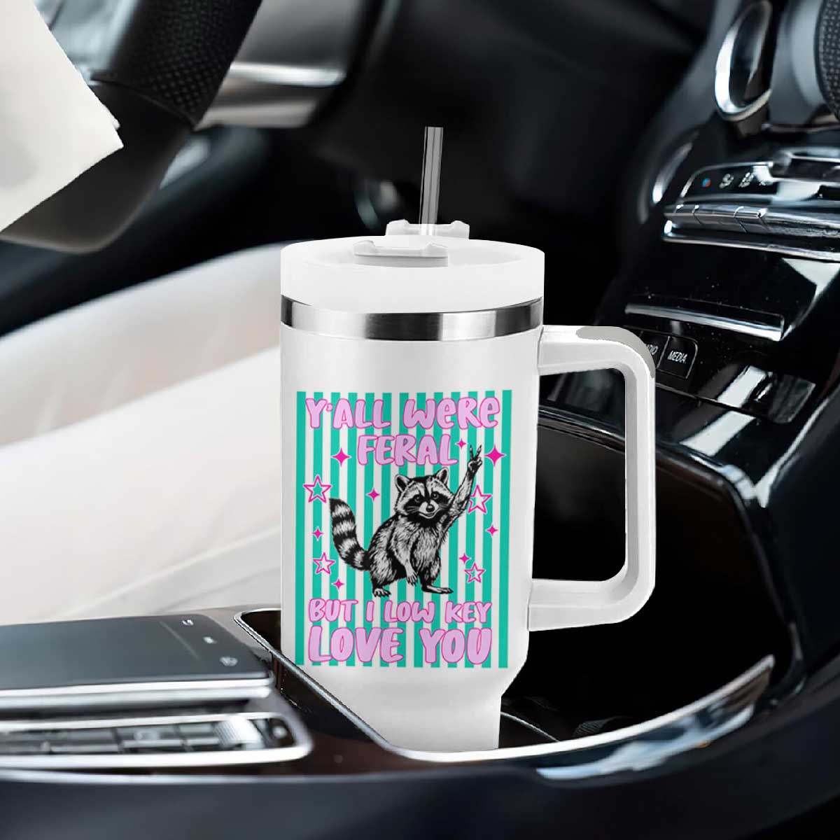 Y'all Were Feral But I Low Key Love You Pink Stripes Raccoon Tumbler With Handle Funny Teacher End of School Year TS02 Print Your Wear