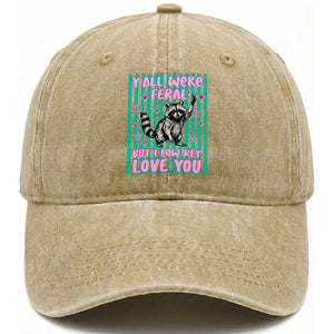 Y'all Were Feral But I Low Key Love You Pink Stripes Raccoon Washed Cotton Baseball Cap Funny Teacher End of School Year TS02 Print Your Wear