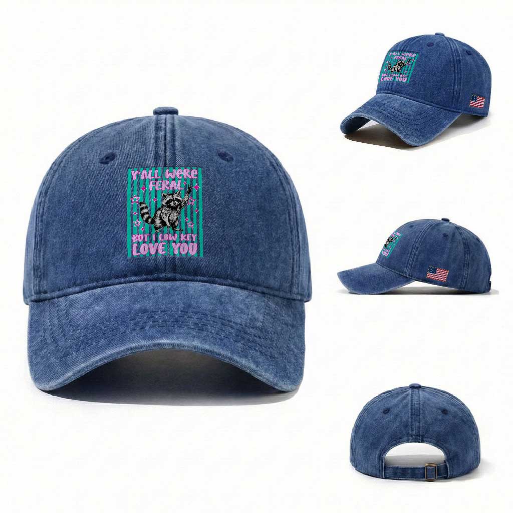 Y'all Were Feral But I Low Key Love You Pink Stripes Raccoon Washed Cotton Baseball Cap Funny Teacher End of School Year TS02 Washed Cap Universal Fit Royal Blue Print Your Wear