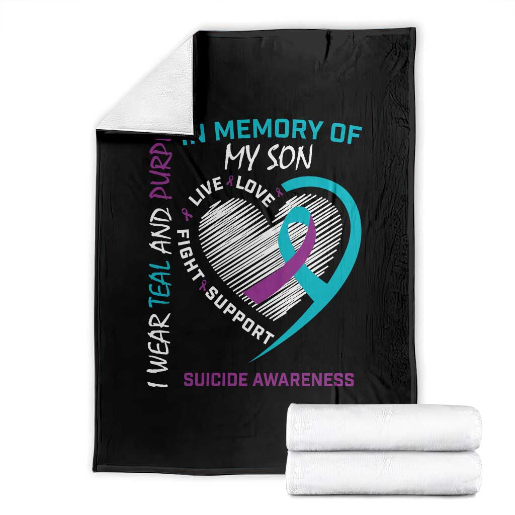 In Memory of My Son Suicide Awareness Throw Blanket Teal and Purple Ribbon Remembrance Gift