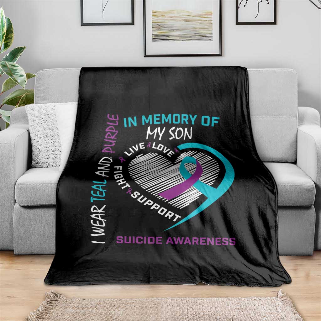 In Memory of My Son Suicide Awareness Throw Blanket Teal and Purple Ribbon Remembrance Gift