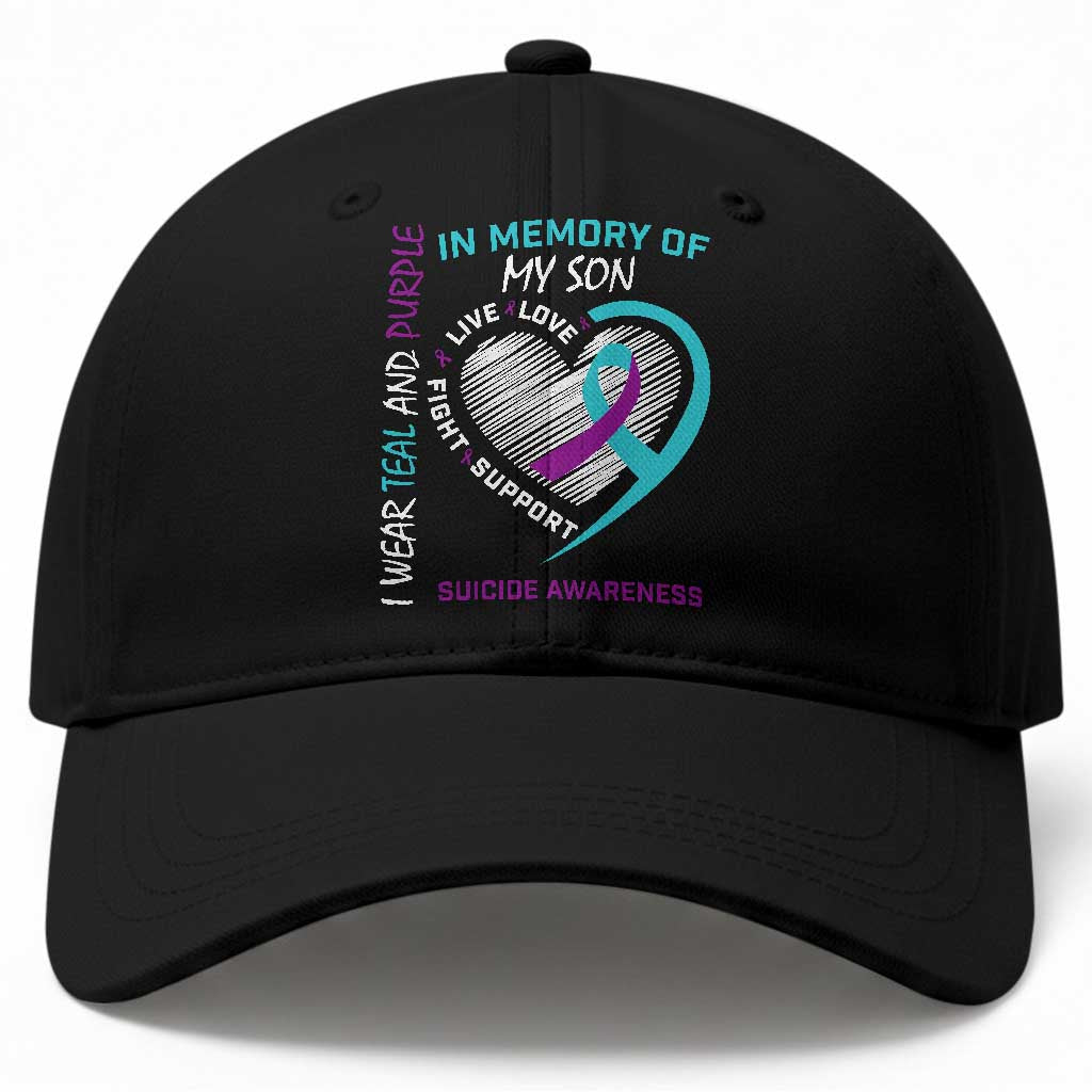 In Memory of My Son Suicide Awareness Baseball Cap Teal and Purple Ribbon Remembrance Gift TS02 Print Your Wear