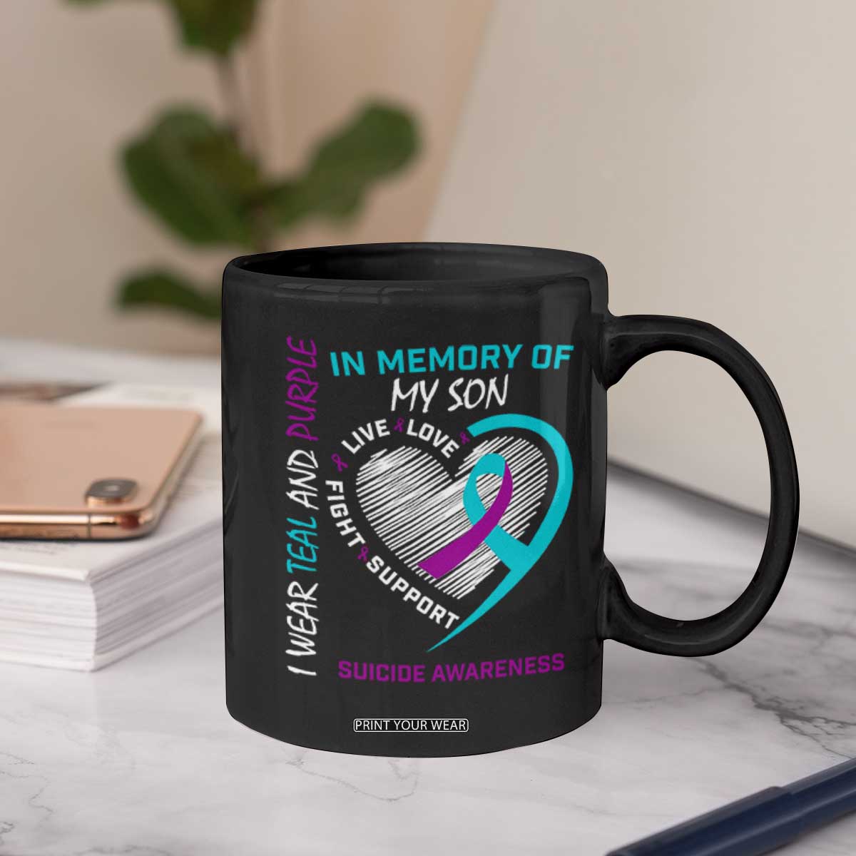 In Memory of My Son Suicide Awareness Coffee Mug Teal and Purple Ribbon Remembrance Gift