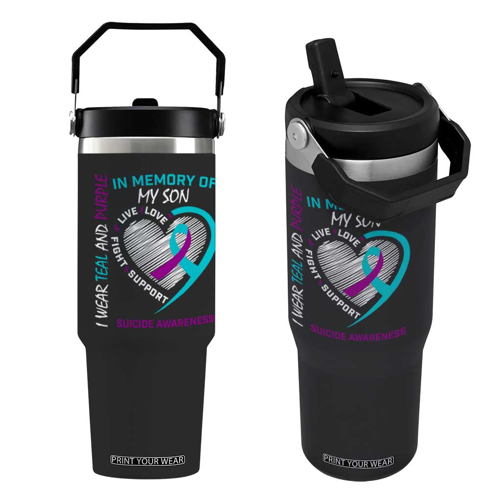 In Memory of My Son Suicide Awareness Flip Straw Tumbler Teal and Purple Ribbon Remembrance Gift
