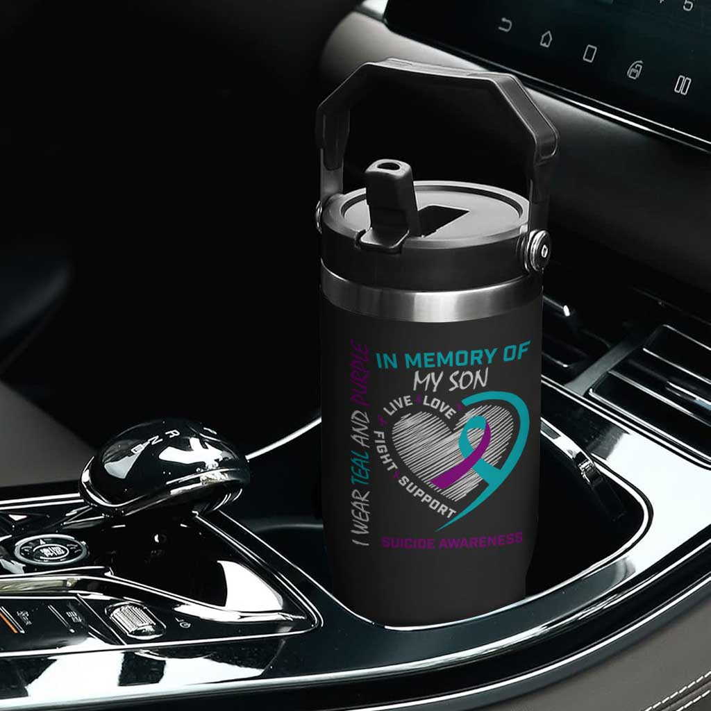 In Memory of My Son Suicide Awareness Flip Straw Tumbler Teal and Purple Ribbon Remembrance Gift