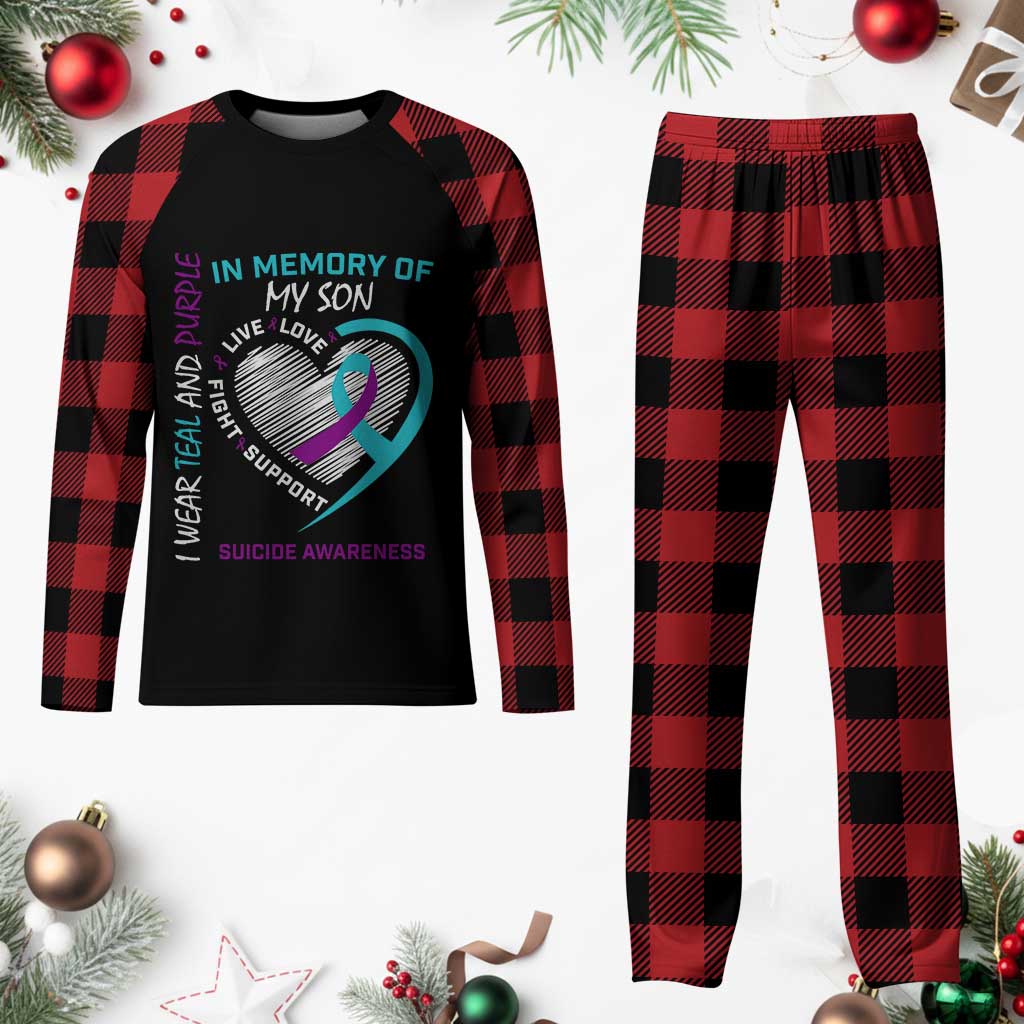 In Memory of My Son Suicide Awareness Plaid Pajama Set Teal and Purple Ribbon Remembrance Gift