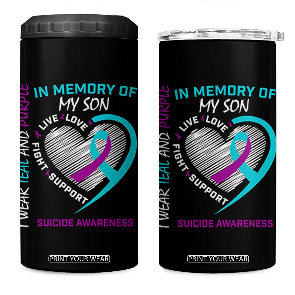 In Memory of My Son Suicide Awareness 4 in 1 Can Cooler Tumbler Teal and Purple Ribbon Remembrance Gift