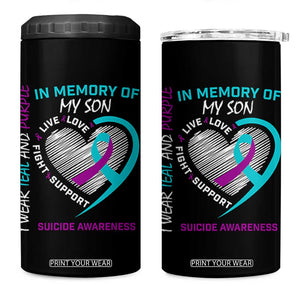 In Memory of My Son Suicide Awareness 4 in 1 Can Cooler Tumbler Teal and Purple Ribbon Remembrance Gift