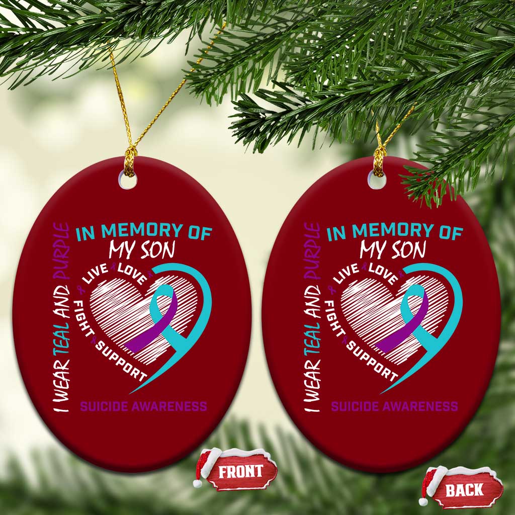 In Memory of My Son Suicide Awareness Ceramic Ornament Teal and Purple Ribbon Remembrance Gift