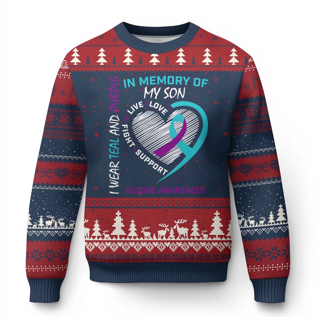 In Memory of My Son Suicide Awareness Ugly Christmas Sweater Teal and Purple Ribbon Remembrance Gift