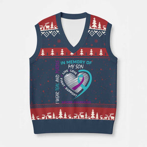 In Memory of My Son Suicide Awareness V-Neck Knit Sweater Vest Teal and Purple Ribbon Remembrance Gift