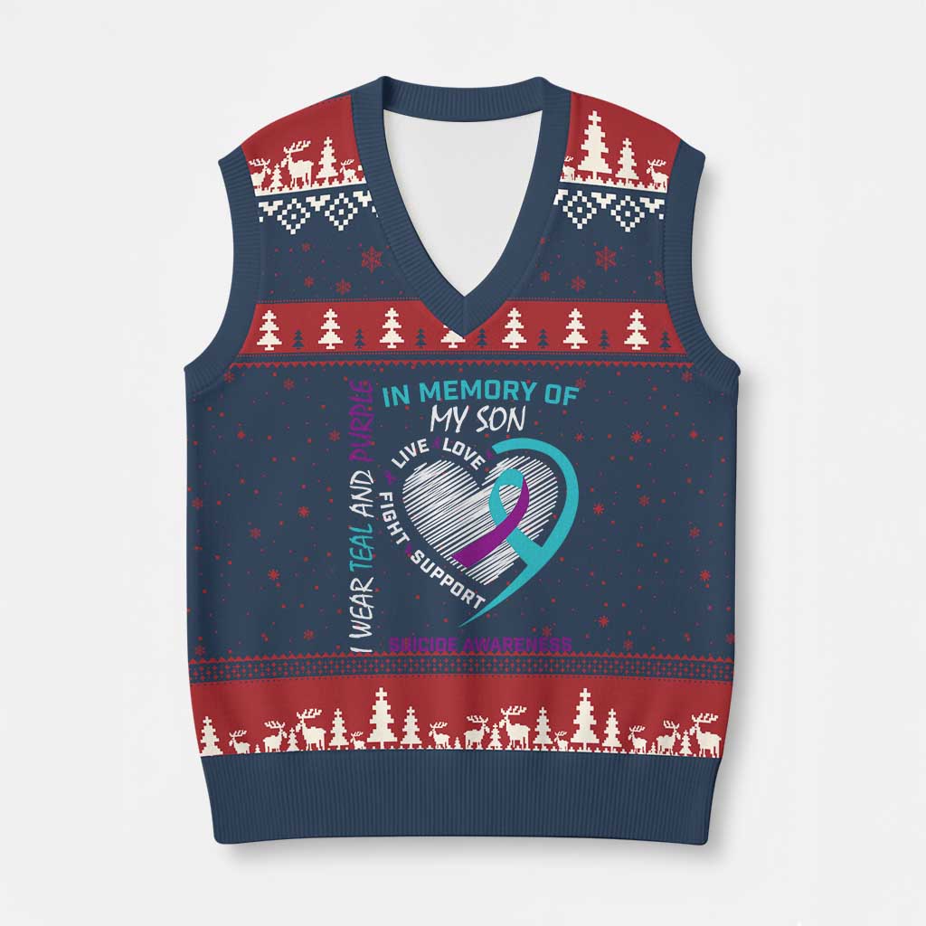 In Memory of My Son Suicide Awareness V-Neck Knit Sweater Vest Teal and Purple Ribbon Remembrance Gift TS02 Navy Red Print Your Wear