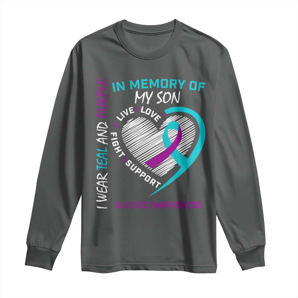 In Memory of My Son Suicide Awareness Long Sleeve Shirt Teal and Purple Ribbon Remembrance Gift