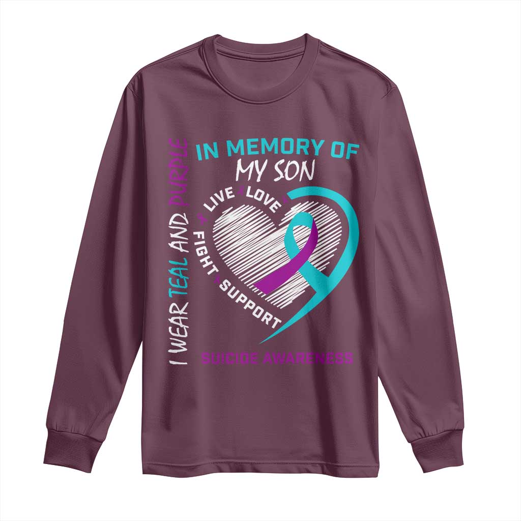 In Memory of My Son Suicide Awareness Long Sleeve Shirt Teal and Purple Ribbon Remembrance Gift