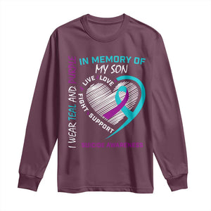 In Memory of My Son Suicide Awareness Long Sleeve Shirt Teal and Purple Ribbon Remembrance Gift