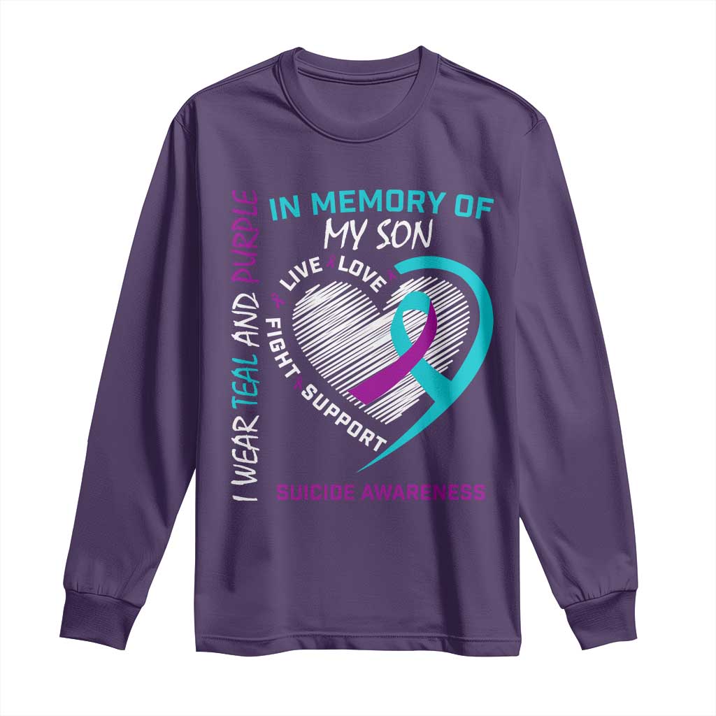In Memory of My Son Suicide Awareness Long Sleeve Shirt Teal and Purple Ribbon Remembrance Gift