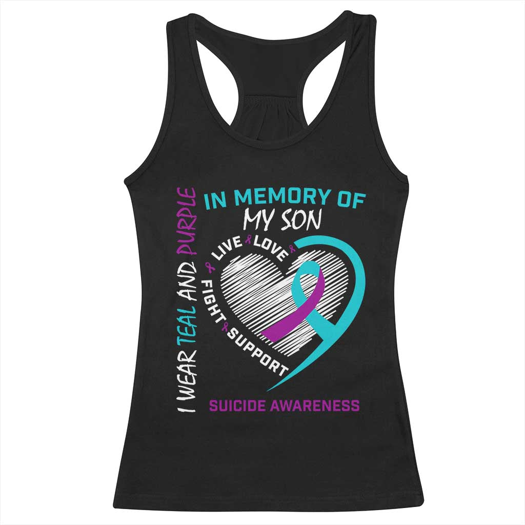 In Memory of My Son Suicide Awareness Racerback Tank Top Teal and Purple Ribbon Remembrance Gift TS02 Black Print Your Wear