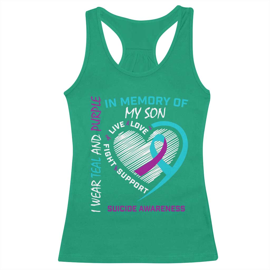 In Memory of My Son Suicide Awareness Racerback Tank Top Teal and Purple Ribbon Remembrance Gift