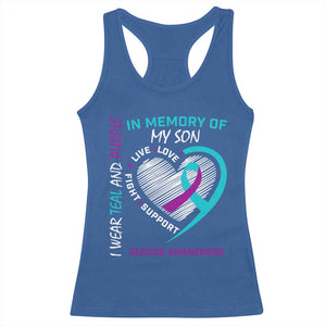 In Memory of My Son Suicide Awareness Racerback Tank Top Teal and Purple Ribbon Remembrance Gift