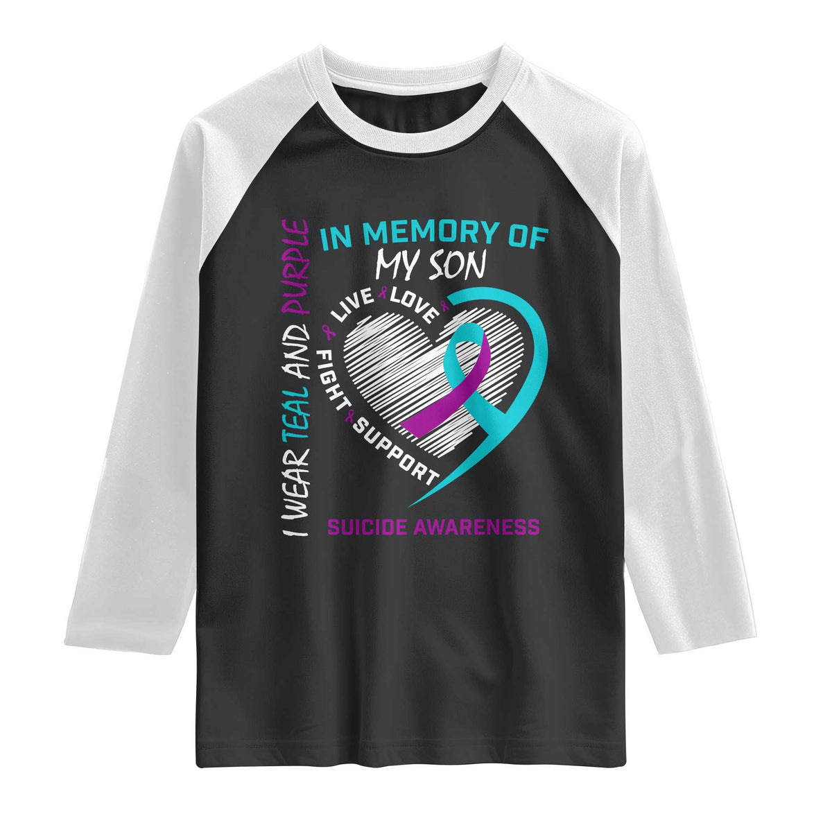 In Memory of My Son Suicide Awareness Raglan Shirt Teal and Purple Ribbon Remembrance Gift