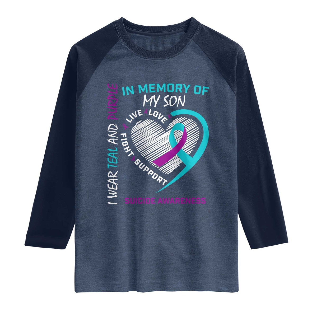 In Memory of My Son Suicide Awareness Raglan Shirt Teal and Purple Ribbon Remembrance Gift