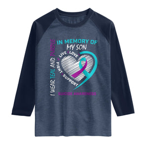 In Memory of My Son Suicide Awareness Raglan Shirt Teal and Purple Ribbon Remembrance Gift