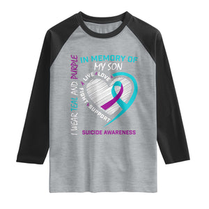 In Memory of My Son Suicide Awareness Raglan Shirt Teal and Purple Ribbon Remembrance Gift