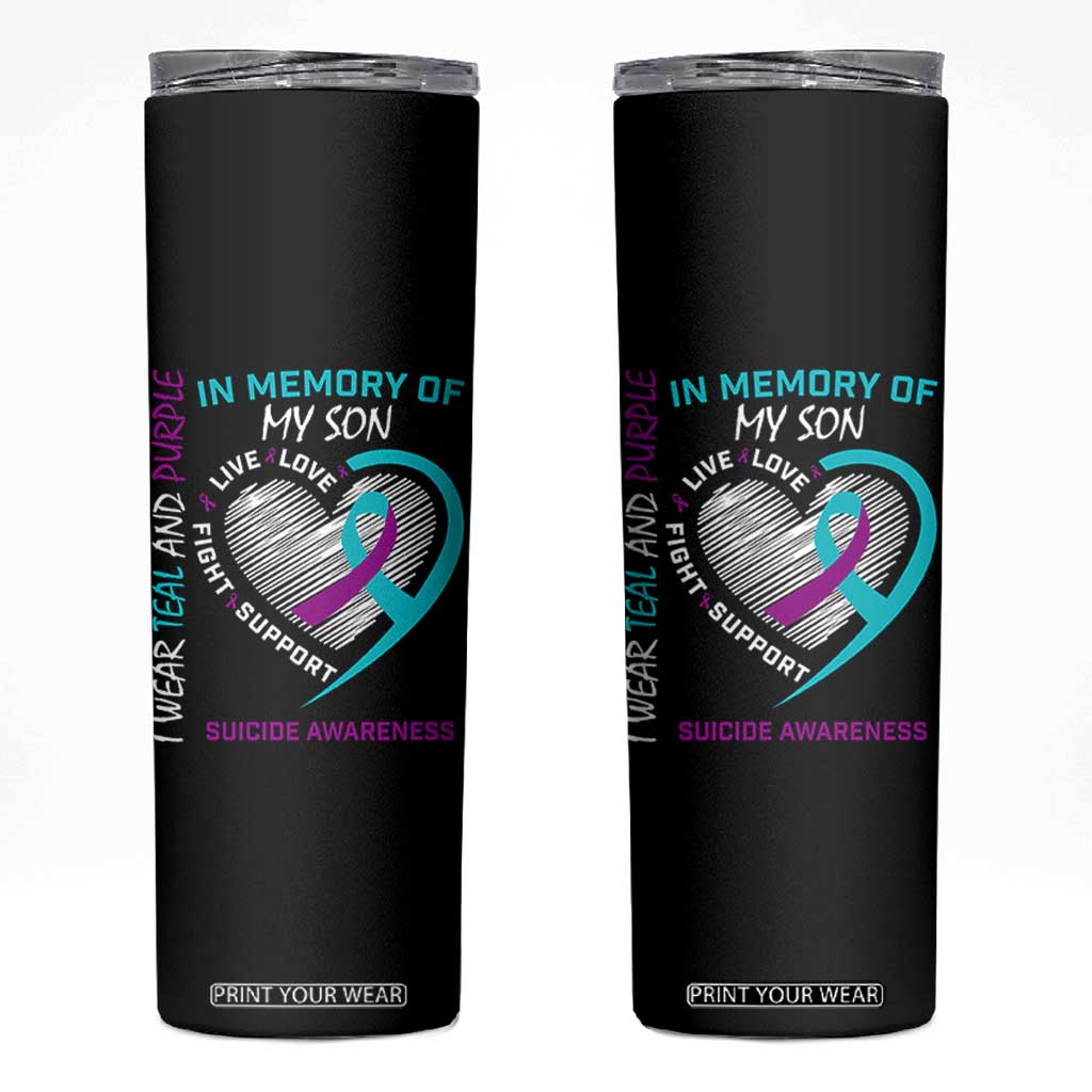 In Memory of My Son Suicide Awareness Skinny Tumbler Teal and Purple Ribbon Remembrance Gift