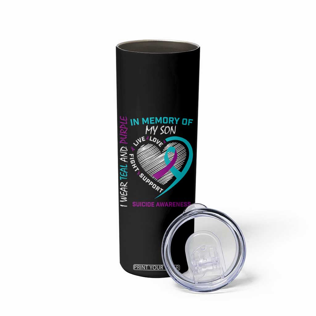 In Memory of My Son Suicide Awareness Skinny Tumbler Teal and Purple Ribbon Remembrance Gift