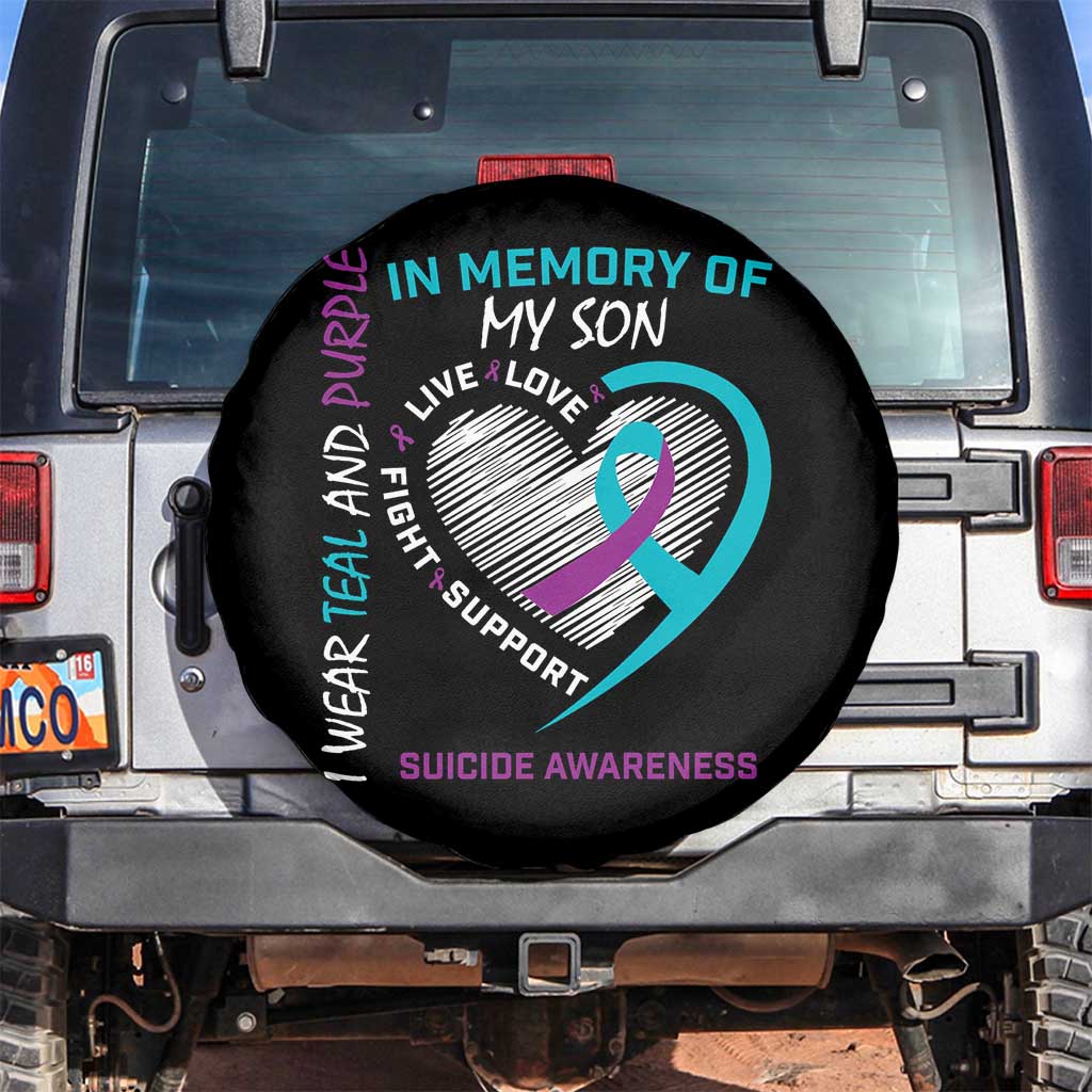 In Memory of My Son Suicide Awareness Spare Tire Cover Teal and Purple Ribbon Remembrance Gift TS02 No hole Black Print Your Wear