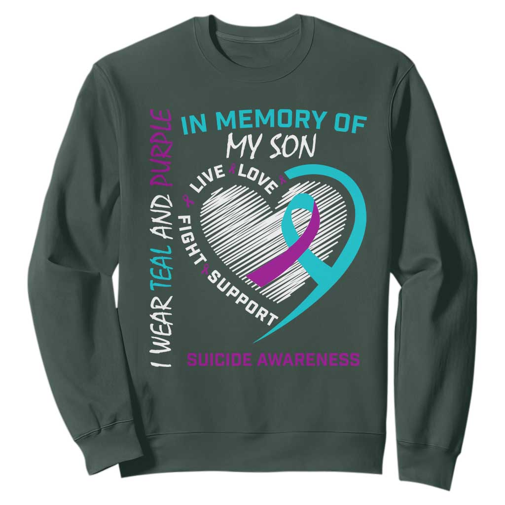 In Memory of My Son Suicide Awareness Sweatshirt Teal and Purple Ribbon Remembrance Gift