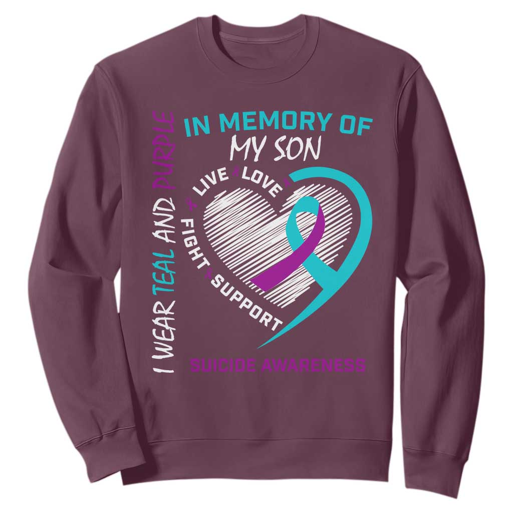 In Memory of My Son Suicide Awareness Sweatshirt Teal and Purple Ribbon Remembrance Gift