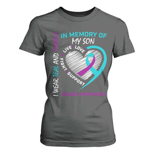In Memory of My Son Suicide Awareness T Shirt For Women Teal and Purple Ribbon Remembrance Gift