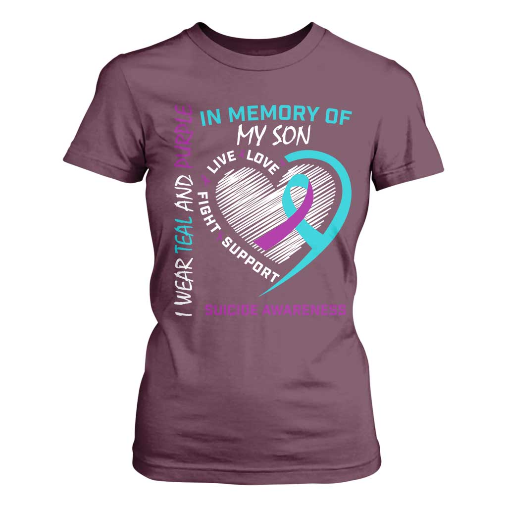 In Memory of My Son Suicide Awareness T Shirt For Women Teal and Purple Ribbon Remembrance Gift